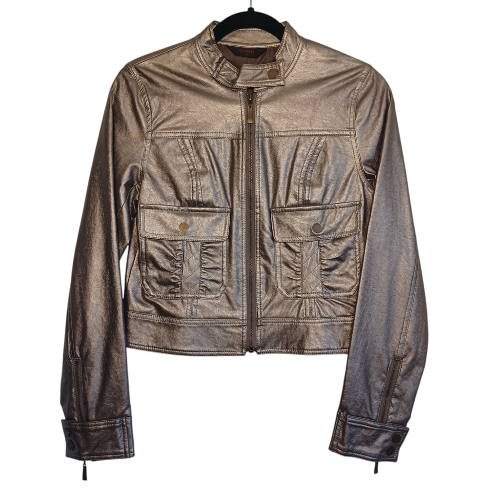 EVENT Metallic Silver Gold Zipper Front Long Sleeve Faux Leather Jacket Medium